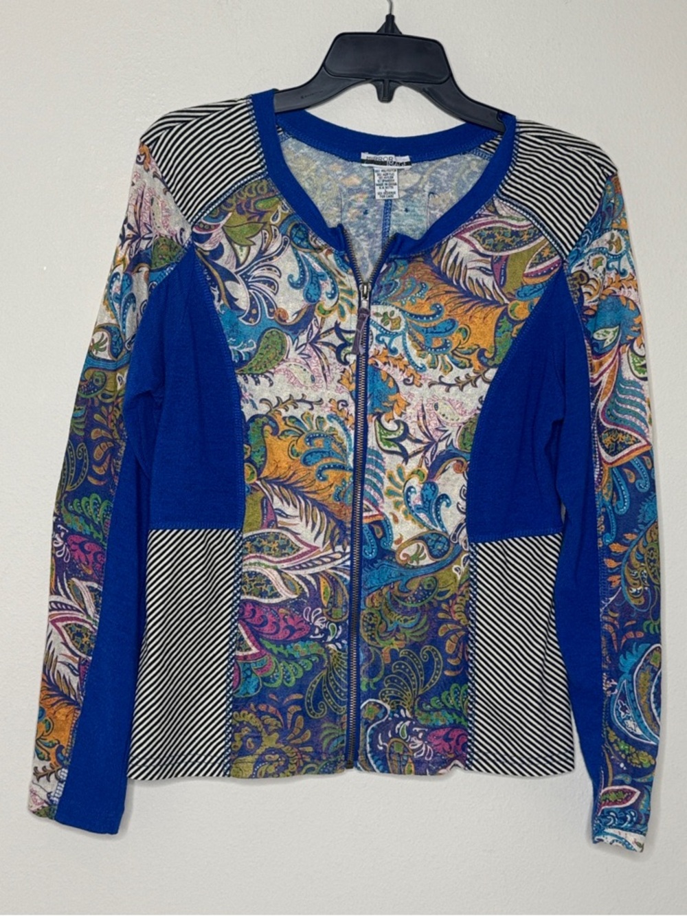 Mirror Image Blue Paisley Zip-Front Cardigan Color Block Artistic Unique L